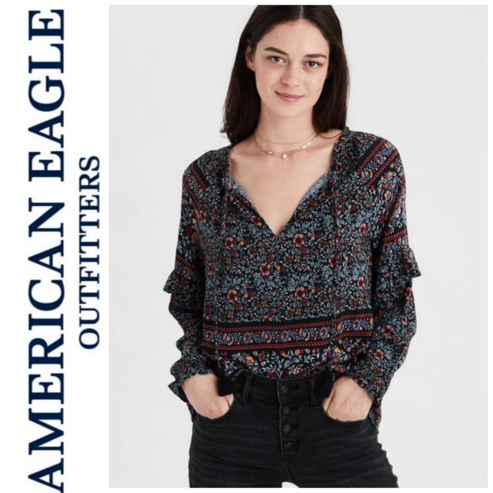 American Eagle Floral Boho V-Neck Long Sleeve Top With Black Tassels